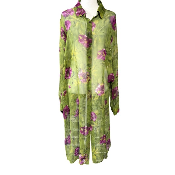 Robbie Bee Woman Shirt Womens 20W Green Floral Sheer Silk Button Front Long - Picture 1 of 13